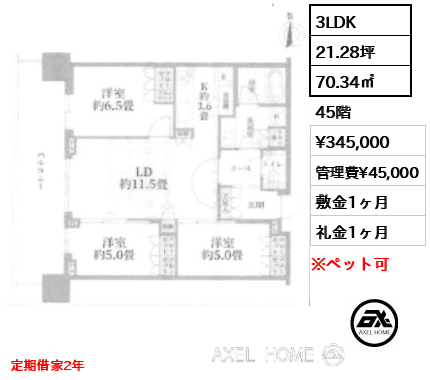 3LDK 70.34㎡  賃料¥345,000 管理費¥45,000 敷金1ヶ月 礼金1ヶ月 定期借家2年