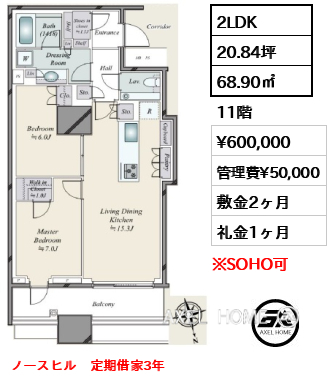 2LDK 68.90㎡  賃料¥600,000 管理費¥50,000 敷金2ヶ月 礼金1ヶ月 ノースヒル　定期借家3年