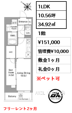 1LDK 34.92㎡  賃料¥151,000 管理費¥10,000 敷金1ヶ月 礼金0ヶ月 フリーレント2ヶ月