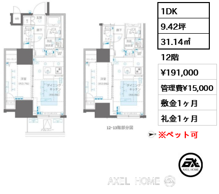 1DK 31.14㎡  賃料¥191,000 管理費¥15,000 敷金1ヶ月 礼金1ヶ月