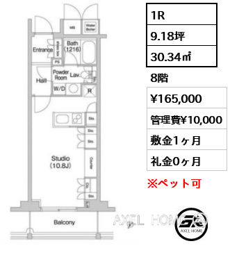 1R 30.34㎡  賃料¥165,000 管理費¥10,000 敷金1ヶ月 礼金0ヶ月