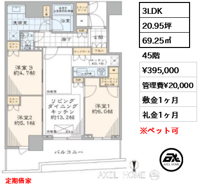 3LDK 69.25㎡  賃料¥395,000 管理費¥20,000 敷金1ヶ月 礼金1ヶ月 定期借家