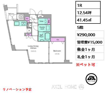 1R 41.45㎡  賃料¥290,000 管理費¥15,000 敷金1ヶ月 礼金1ヶ月 リノベーション予定