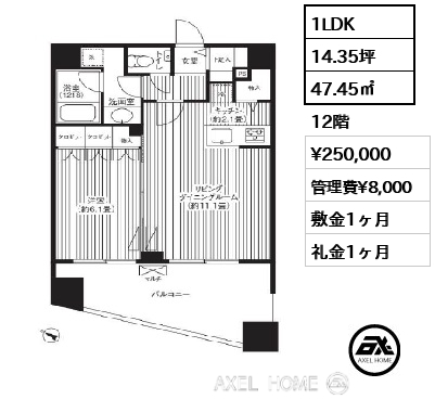 1LDK 47.45㎡  賃料¥250,000 管理費¥8,000 敷金1ヶ月 礼金1ヶ月