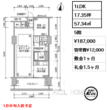 1LDK 57.34㎡  賃料¥187,000 管理費¥12,000 敷金1ヶ月 礼金1.5ヶ月 1月中旬入居予定