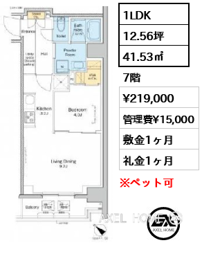 1LDK 41.53㎡ 賃料¥219,000 管理費¥15,000 敷金1ヶ月 礼金1ヶ月