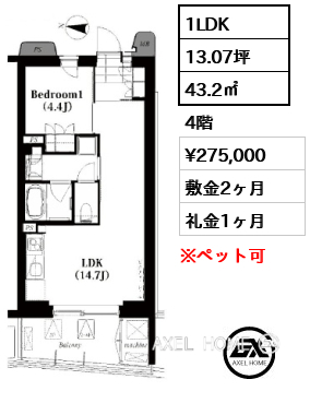 1LDK 43.2㎡  賃料¥275,000 敷金2ヶ月 礼金1ヶ月