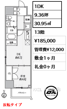 1DK 30.95㎡  賃料¥185,000 管理費¥12,000 敷金1ヶ月 礼金0ヶ月 反転タイプ