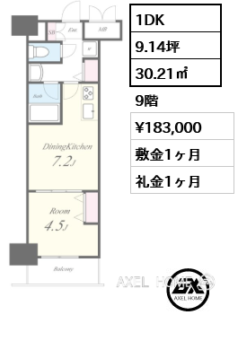 1DK 30.21㎡  賃料¥183,000 敷金1ヶ月 礼金1ヶ月