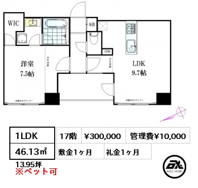間取り5 1SLDK 46.13㎡ 17階 賃料¥350,000 敷金1ヶ月 礼金1ヶ月 定期借家2年