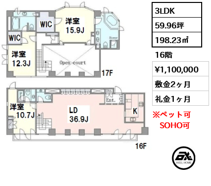 間取り5 3LDK 198.23㎡  賃料¥1,100,000 敷金2ヶ月 礼金1ヶ月