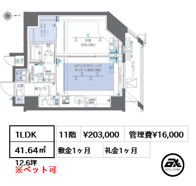 間取り5 1LDK 41.64㎡  賃料¥203,000 管理費¥16,000 敷金1ヶ月 礼金1ヶ月 　