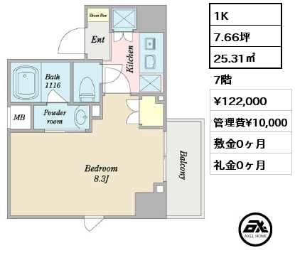 間取り5 1K 25.39㎡ 3階 賃料¥128,000 管理費¥10,000 敷金0ヶ月 礼金0ヶ月