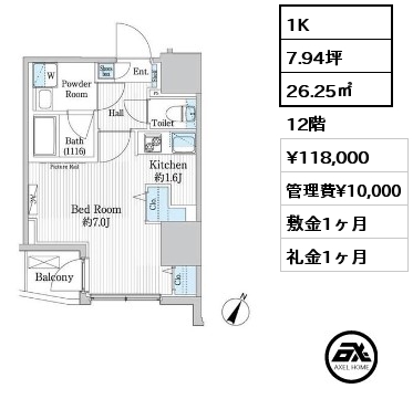 間取り5 1K 26.21㎡ 9階 賃料¥114,000 管理費¥10,000 敷金1ヶ月 礼金1ヶ月