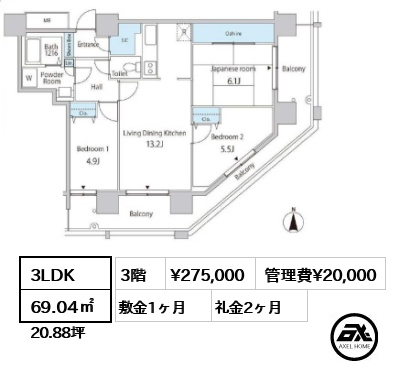間取り5 3LDK 69.04㎡  賃料¥275,000 管理費¥20,000 敷金1ヶ月 礼金2ヶ月