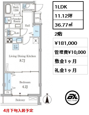間取り5 1LDK 36.77㎡ 2階 賃料¥181,000 管理費¥10,000 敷金1ヶ月 礼金1ヶ月 4月下旬入居予定