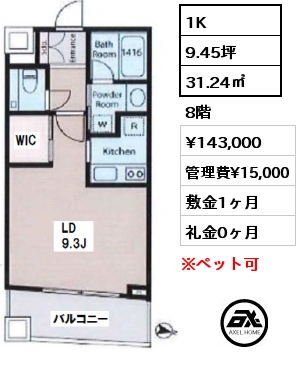間取り5 1K 31.24㎡ 8階 賃料¥143,000 管理費¥15,000 敷金1ヶ月 礼金0ヶ月 　