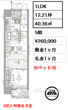 1LDK 40.36㎡  賃料¥260,000 敷金1ヶ月 礼金1ヶ月 3月上旬退去予定
