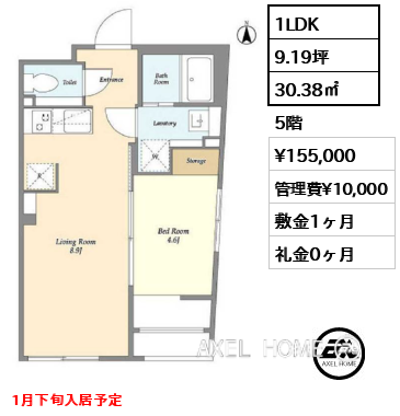 1LDK 30.38㎡  賃料¥155,000 管理費¥10,000 敷金1ヶ月 礼金0ヶ月 1月下旬入居予定