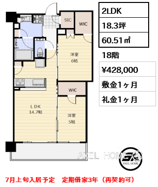 2LDK 60.51㎡  賃料¥428,000 敷金1ヶ月 礼金1ヶ月 7月上旬入居予定　定期借家3年（再契約可）