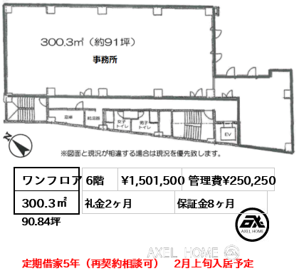 ワンフロア 300.3㎡  賃料¥1,501,500 管理費¥250,250 礼金2ヶ月 定期借家5年（再契約相談可）　2月上旬入居予定