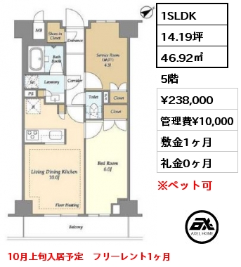 1SLDK 46.92㎡ 5階 賃料¥238,000 管理費¥10,000 敷金1ヶ月 礼金0ヶ月 10月上旬入居予定　フリーレント1ヶ月