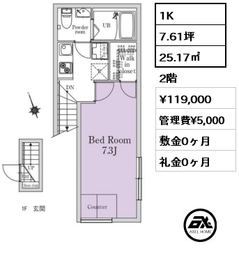 1K 25.17㎡ 20階 賃料¥119,000 管理費¥5,000 敷金1ヶ月 礼金0ヶ月