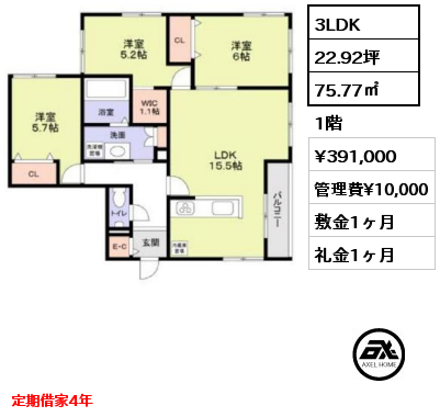 3LDK 75.77㎡ 1階 賃料¥391,000 管理費¥10,000 敷金1ヶ月 礼金1ヶ月 定期借家4年