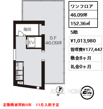 ワンフロア 152.36㎡  賃料¥1,013,980 管理費¥177,447 敷金8ヶ月 礼金0ヶ月 定期借家契約5年　11月入居予定