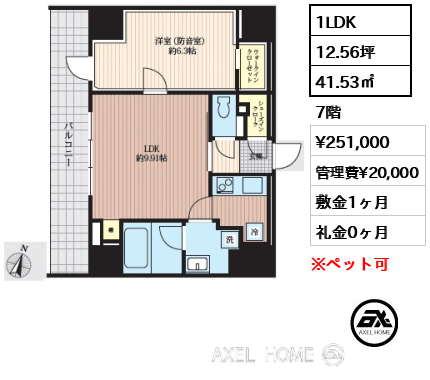 1LDK 41.53㎡  賃料¥251,000 管理費¥20,000 敷金1ヶ月 礼金0ヶ月