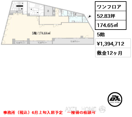ワンフロア 174.65㎡  賃料¥1,394,712 敷金12ヶ月 事務所（税込）6月上旬入居予定　一棟借の相談可