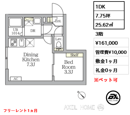 1DK 25.62㎡  賃料¥161,000 管理費¥10,000 敷金1ヶ月 礼金0ヶ月 フリーレント1ヵ月