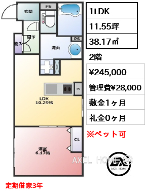 1LDK 38.17㎡  賃料¥245,000 管理費¥28,000 敷金1ヶ月 礼金0ヶ月 定期借家3年