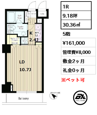 間取り5 1R 30.36㎡  賃料¥161,000 管理費¥8,000 敷金2ヶ月 礼金0ヶ月