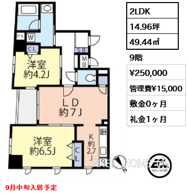 2LDK 49.44㎡  賃料¥250,000 管理費¥15,000 敷金0ヶ月 礼金1ヶ月 9月中旬入居予定