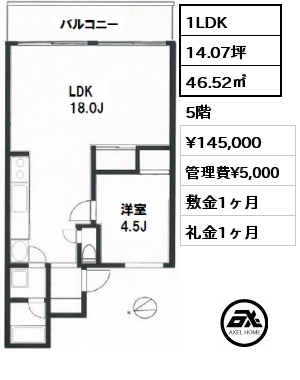 間取り5 1LDK 46.52㎡ 5階 賃料¥145,000 管理費¥5,000 敷金1ヶ月 礼金1ヶ月 　　　