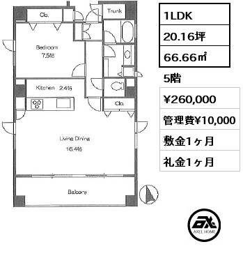 間取り5 1LDK 66.66㎡ 5階 賃料¥260,000 管理費¥10,000 敷金1ヶ月 礼金1ヶ月