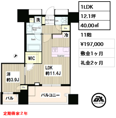 間取り5 1LDK 40.00㎡  賃料¥220,000 敷金1ヶ月 礼金2ヶ月 定期借家２年