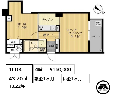 間取り5 1LDK 43.70㎡  賃料¥160,000 敷金1ヶ月 礼金1ヶ月