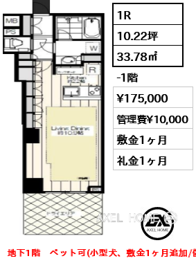 1R 33.78㎡  賃料¥175,000 管理費¥10,000 敷金1ヶ月 礼金1ヶ月 地下1階　ペット可(小型犬、敷金1ヶ月追加/償却）