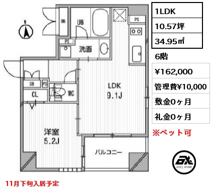間取り5 1DK 34.20㎡ 8階 賃料¥163,000 管理費¥10,000 敷金0ヶ月 礼金0ヶ月  　 ８月上旬入居予定