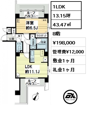 間取り5 1LDK 43.47㎡ 8階 賃料¥198,000 管理費¥12,000 敷金1ヶ月 礼金1ヶ月