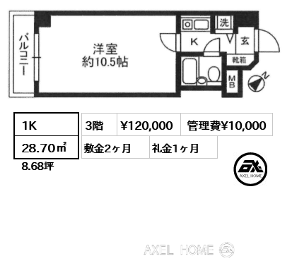 1K 28.70㎡  賃料¥120,000 管理費¥10,000 敷金2ヶ月 礼金1ヶ月