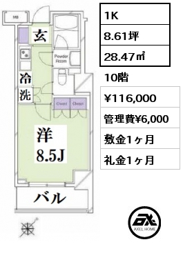 間取り5 1K 28.47㎡ 10階 賃料¥116,000 管理費¥6,000 敷金1ヶ月 礼金1ヶ月