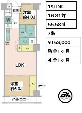 間取り5 1SLDK 55.58㎡ 7階 賃料¥168,000 敷金1ヶ月 礼金1ヶ月