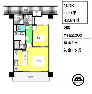 間取り5 1LDK 42.64㎡ 2階 賃料¥182,000 敷金1ヶ月 礼金1ヶ月