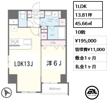 間取り5 1LDK 45.66㎡  賃料¥195,000 管理費¥11,000 敷金1ヶ月 礼金1ヶ月 　