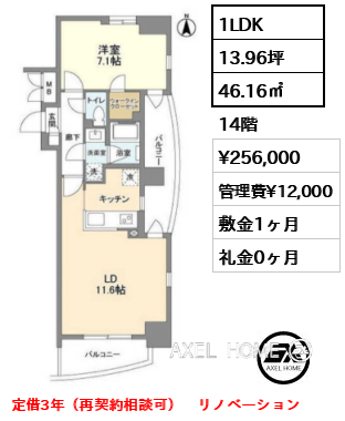 間取り5 1LDK 46.16㎡  賃料¥256,000 管理費¥12,000 敷金1ヶ月 礼金0ヶ月 定借3年（再契約相談可）　リノベーション