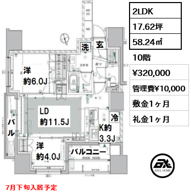 間取り5 2LDK 58.24㎡  賃料¥320,000 管理費¥10,000 敷金1ヶ月 礼金1ヶ月 7月下旬入居予定