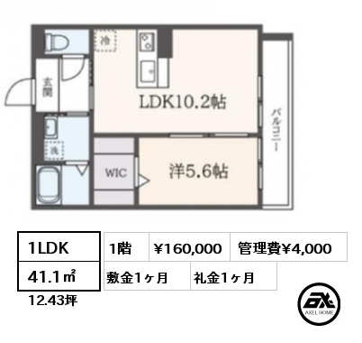 1LDK 41.1㎡ 1階 賃料¥160,000 管理費¥4,000 敷金1ヶ月 礼金1ヶ月